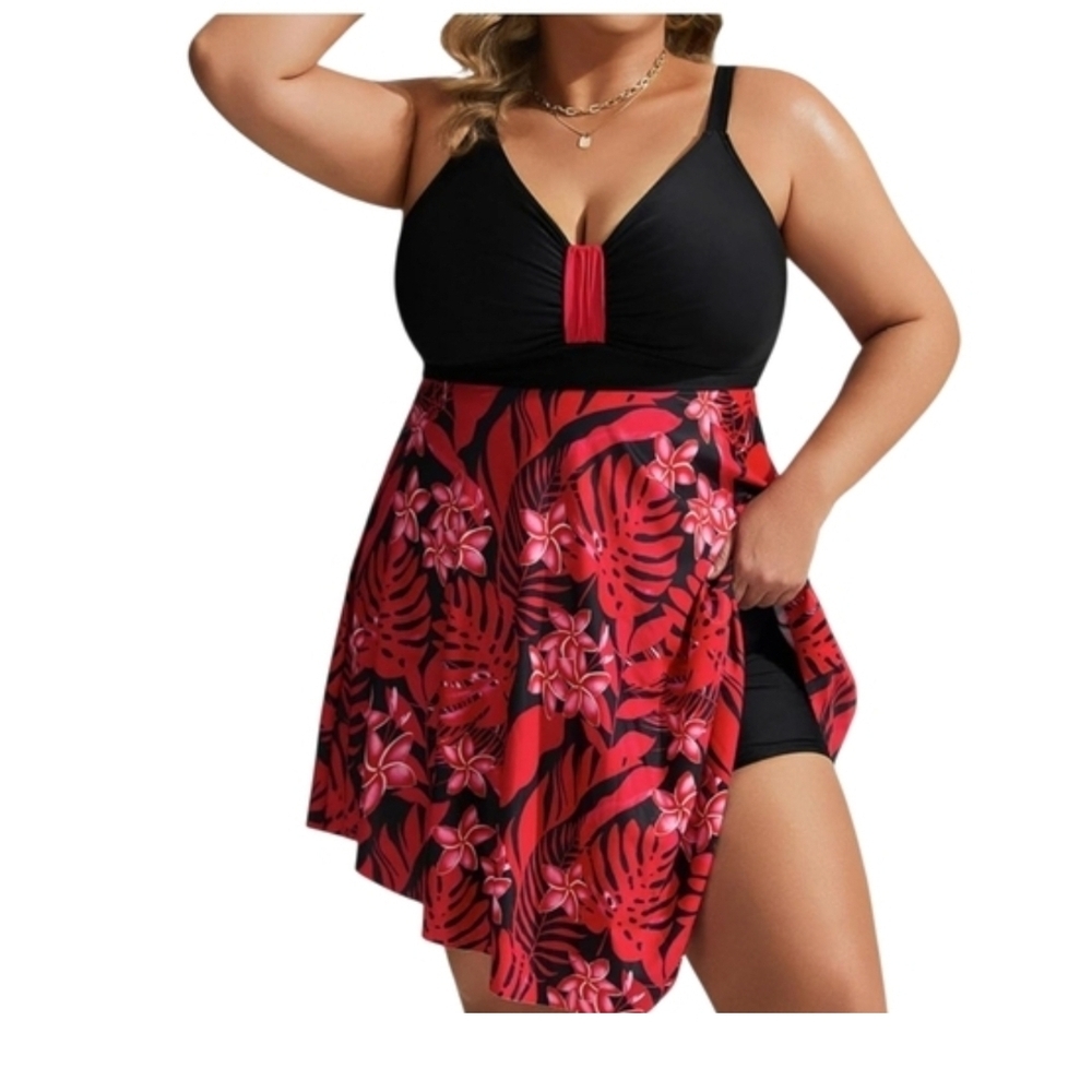HANNA NIKOLE - 18 Plus Black & Red Floral Women's Swim Dress